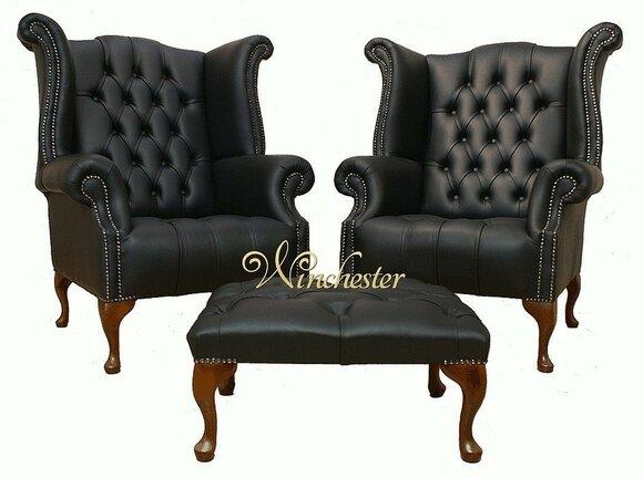 Chesterfield wing chair 2x + stool leather sofa set set upholstery couch sofas