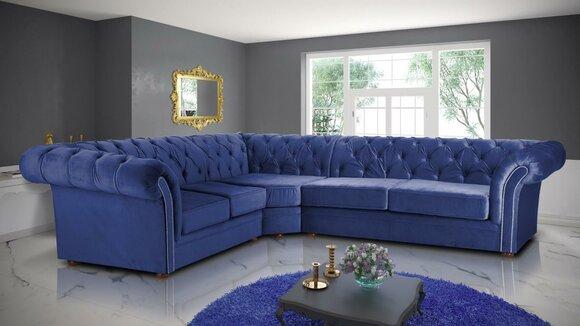 Chesterfield Corner Sofa L-Shaped Royal Blue Textile Upholstered Living Room Couch Cushions New