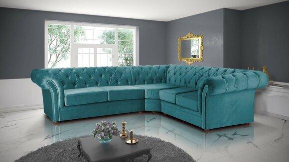 Turquoise Chesterfield Corner Sofa L-Shaped Blue Textile Living Room Comfortable Couch New