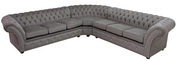 Chesterfield Corner Sofa L-Shape Grey Textile Comfortable Living Room Couch Soft Cushions New