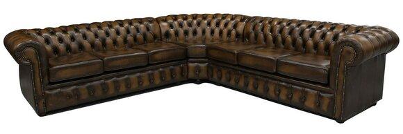 Chesterfield Leather Corner Sofa Brown Classic Living Room Couch Comfortable Cushions New