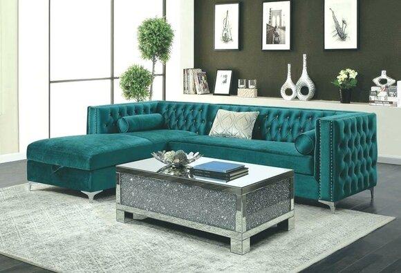 Chesterfield Corner Sofa L-Shaped Turquoise Blue Textile Upholstered Living Room New