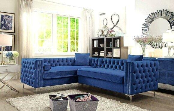 Chesterfield Corner Sofa L-Shaped Blue Textile Padded Soft Couch Living Room New