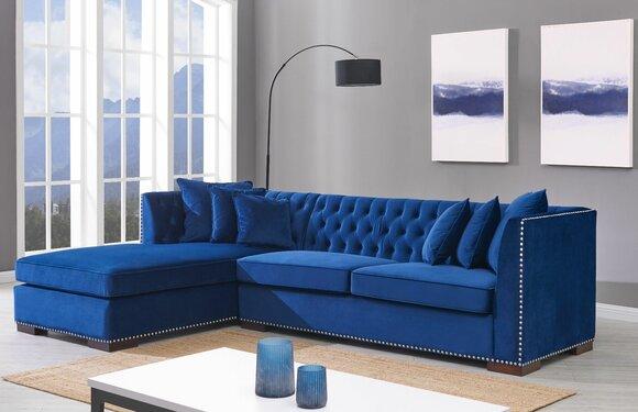 Chesterfield Corner Sofa L-Form Textile Blue Upholstered Living Room Comfortable Couch New