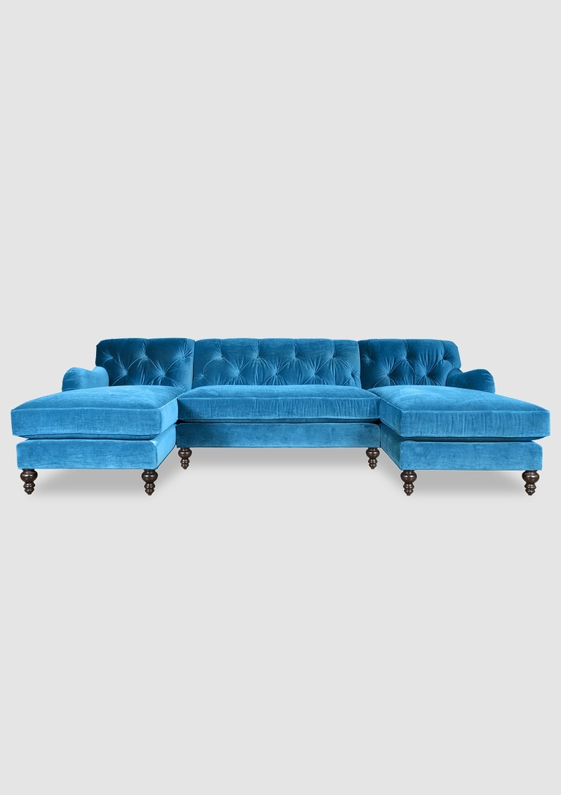 Chesterfield Corner Sofa U-Shaped Ocean Blue Textile Living Room Comfortable Couch New