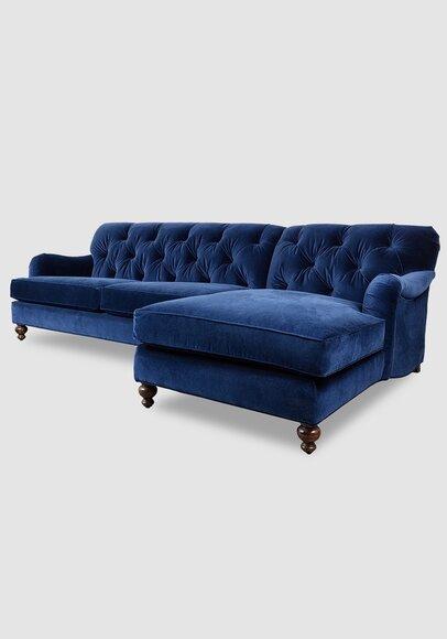 Chesterfield Corner Sofa L-Form Blue Textile Upholstered New Living Room Couch