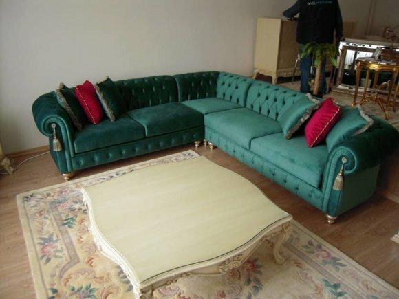 Green Chesterfield Corner Sofa Upholstered Textile Comfortable Couch With Cushions L-Shaped New