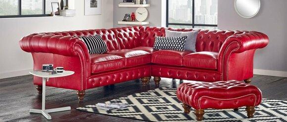 Chesterfield Corner Sofa L-Shaped Lavish Living Room Couch Red Faux Leather New