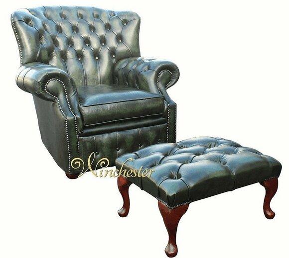 Chesterfield wing chair 1 seater + stool designer leather sofa couches new green