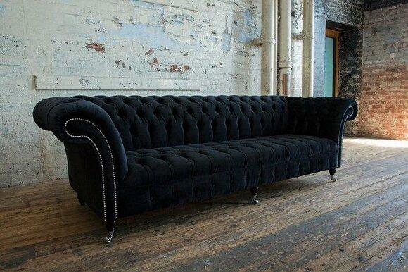 Chesterfield XXL Sofa 4-Seater Black Textile Upholstered Couch On Wheels Living Room