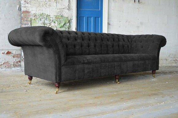 Luxurious Chesterfield Sofa XXL Sofa 4-Seater Real Wood Textile Upholstered Grey On Wheels New