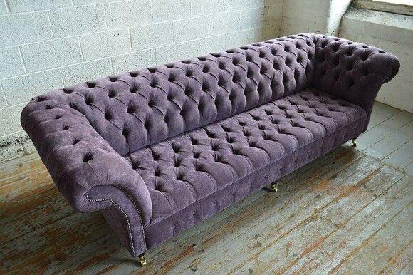 Luxurious 4-Seater Chesterfield Sofa XXL Purple Textile Upholstered Couch With Wheels New