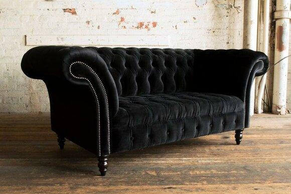 Chesterfield Sofa 2-Seater Classic Loveseat Black Textile Upholstered Comfortable Couch New