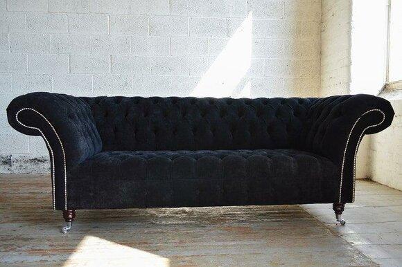 Premium Chesterfield Sofa 3-Seater Black Textile Upholstered Living Room Comfortable Couch New