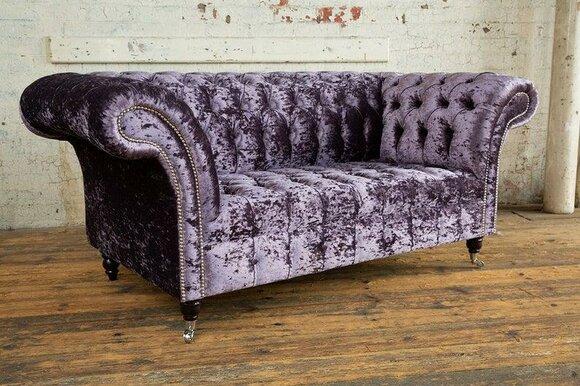 Chesterfield Sofa Purple 2-Seater On Casters Textile Velvet Upholstered Luxurious Design New