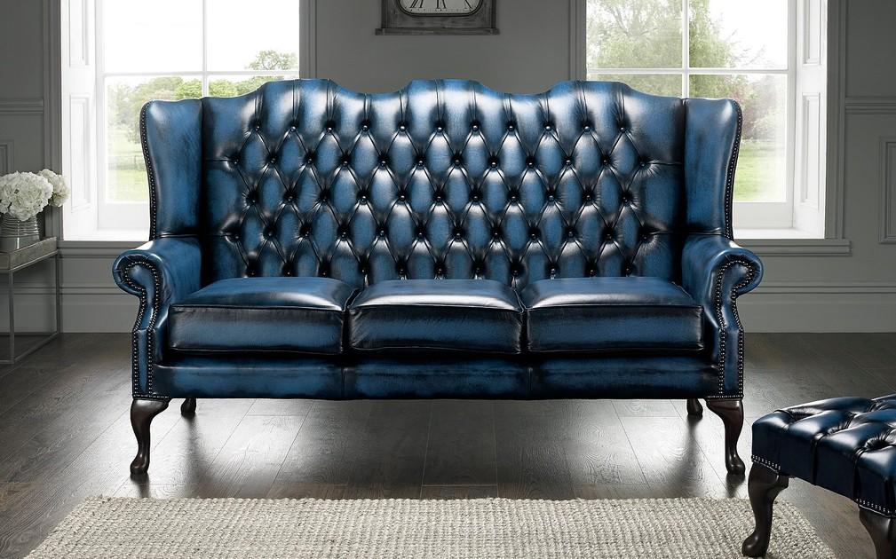 Chesterfield 3-seater Classic Sofa Blue Faux Leather Comfortalbe For Living Room New