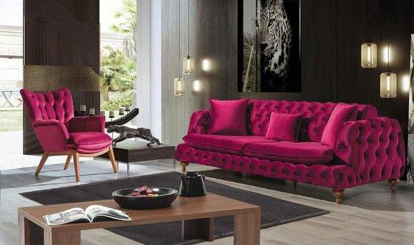 Chesterfield Modern Sofa 3-seater Velvet Textile Upholstered Pink Living Room Comfortable Couch