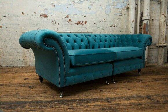 Chesterfield Classic 3-Seater Sofa on Casters Textile New Upholstered Comfortable with Cushions Turquoise Blue