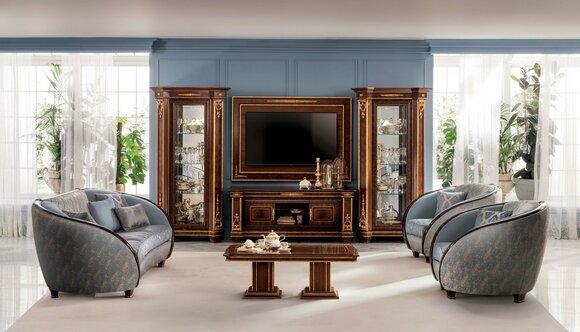 Living room wall unit of 4x-furniture TV lowboard, 2x showcases & wall panel