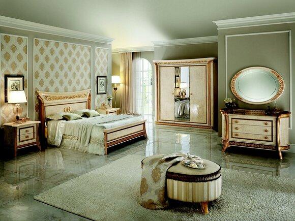 Bedroom set of double bed, sideboard, mirror, 3 door wardrobe & 2x bedside console in antique style arredoclassic™