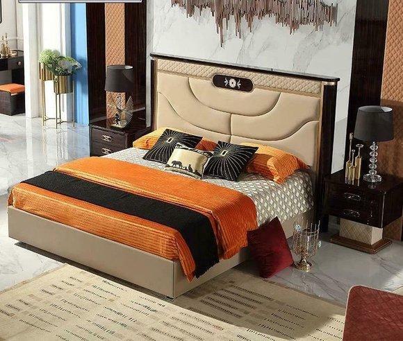 Modern style bedroom set of massive marriage leather double bed & 2x-gloss bedside tables