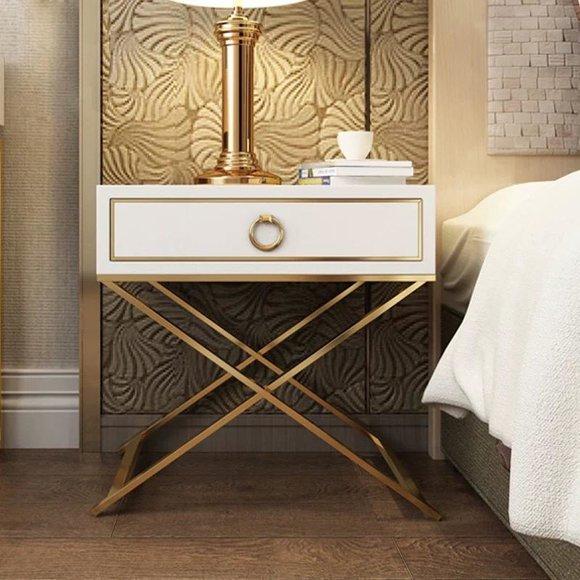 Modern style designer bedside table made of real wooden & stainless steel frame with a sliding drawer