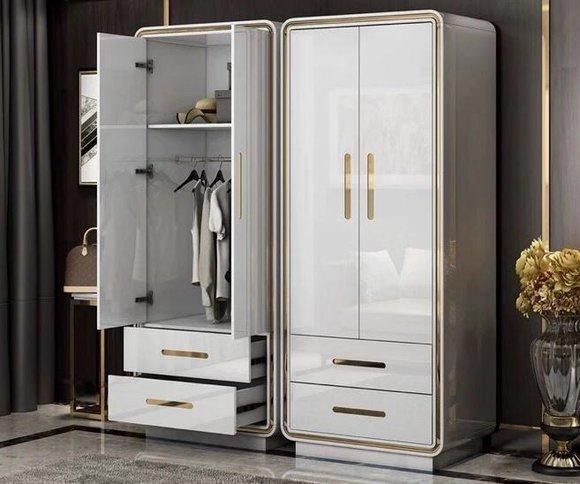 Luxury design gloss wardrobe with 2-swing doors & 2-sliding drawers made of real wooden & stainless steel