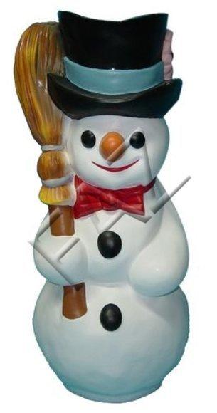 Christmas deco figure of a snowman holding a broom & dressed in black hat & red bow 83cm