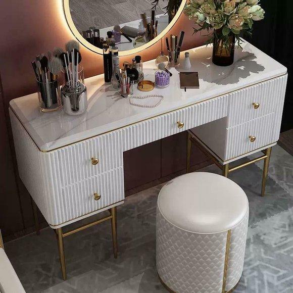 Modern style designer set of dressing table & round mirror with light made of real wooden frame