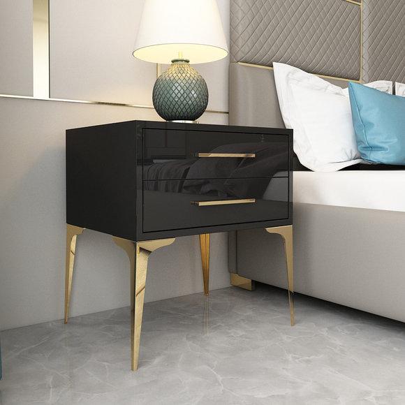 Modern style designer gloss bedside table with 2-sliding drawers made of wooden & stainless steel frame