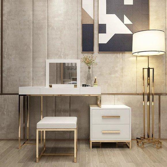 Modern style bedroom set of make up table with mirror, dresser & chair made of real wood & stainless steel frame