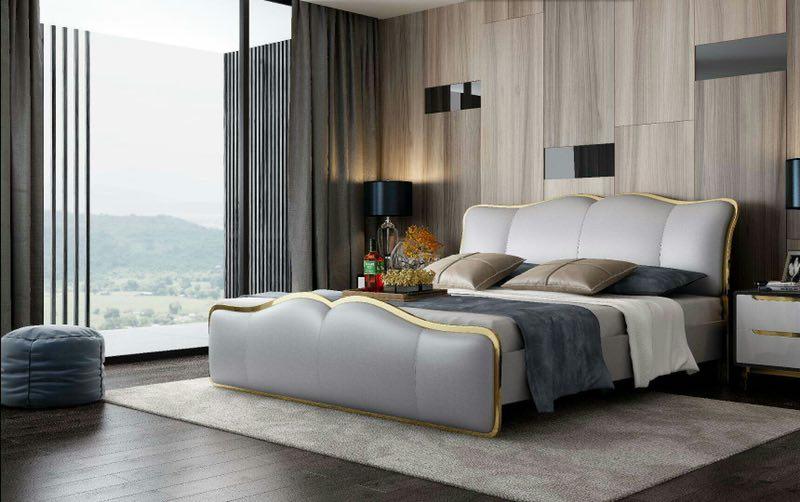 Designer leather double bed in modern style stainless steel made of real wooden frame