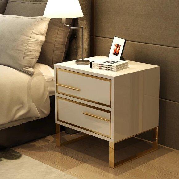 Modern style designer bedside table with 2-sliding drawers made of stainless steel & gloss wooden