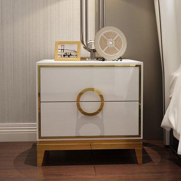 Modern style designer bedside table with 2-sliding drawers made of real wood & stainless steel