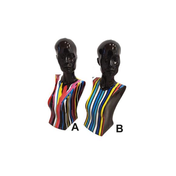 Abstract decorative figure designed as a black gloss bust in colorful stripes 58cm