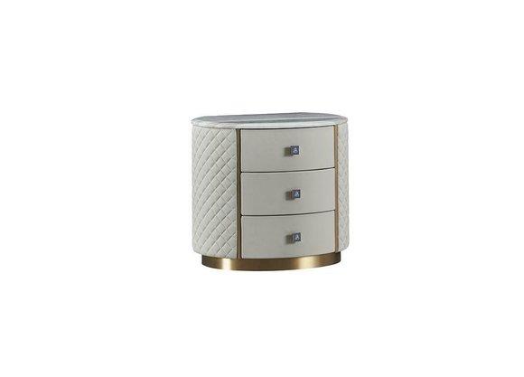 Leather upholstered designer round bedside table with 3-sliding drawers made of real wooden frame