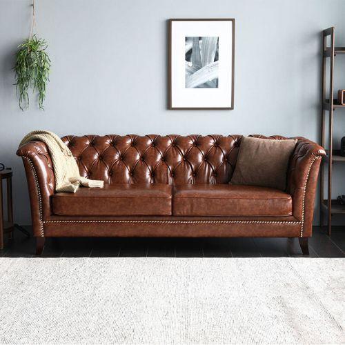 Chesterfield Sofa 2-Seater Leather Upholstered Brown Classic Living Room Couch New