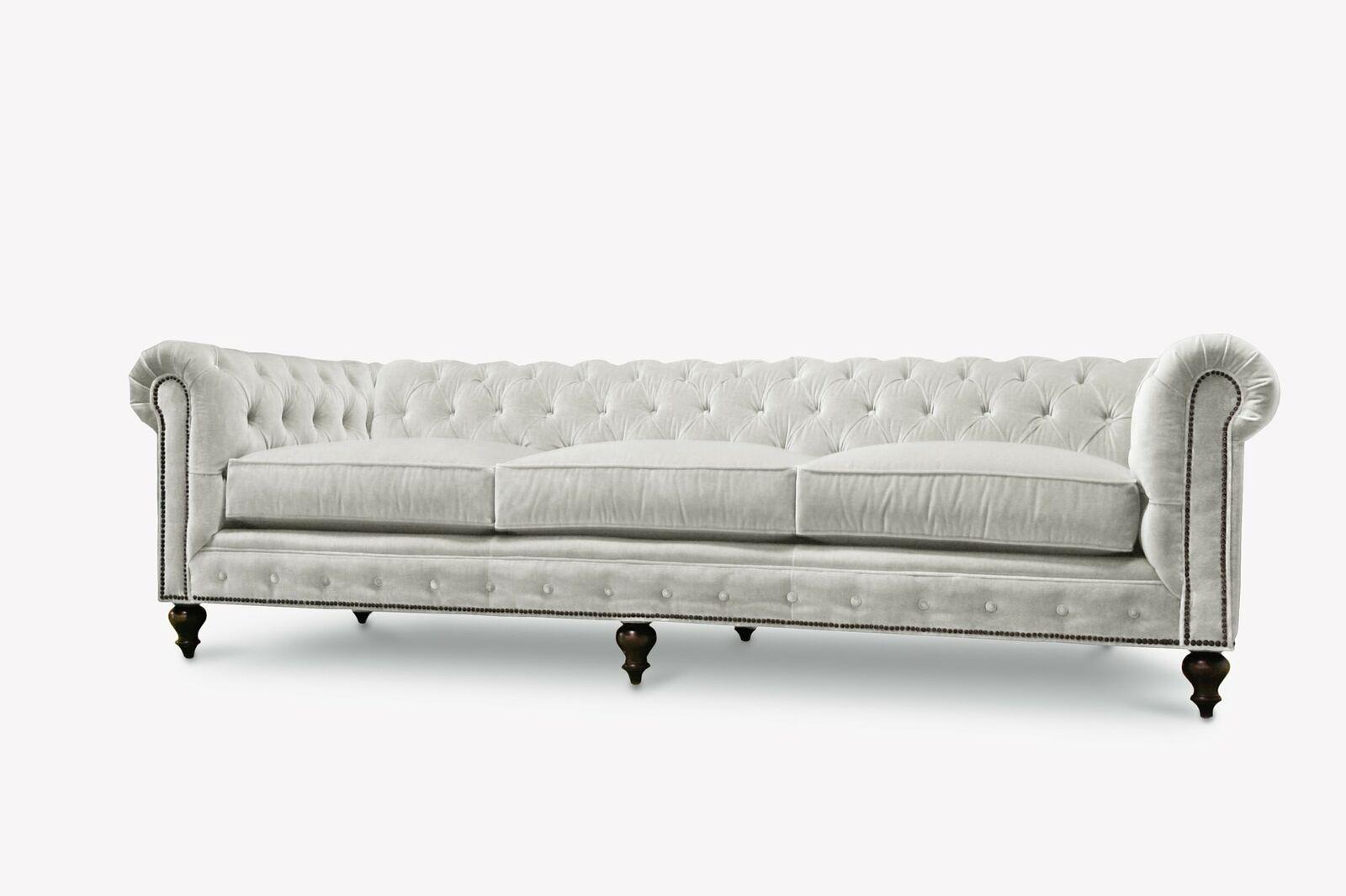 Modern Chesterfield Sofa 3-Seater White Textile Upholstered Living Room Couch Cushions