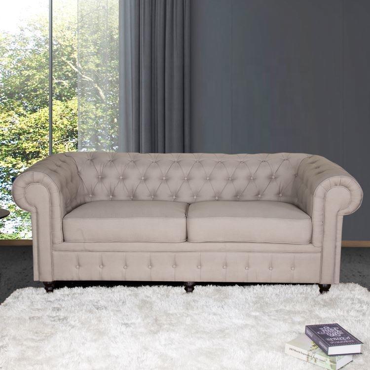 Luxurious Sofa Textile Modern Style Beige Upholstered 3-Seater With Soft Cushions New Chesterfield