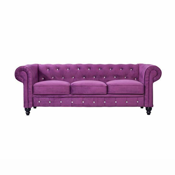 Sofa 3-Seater Textile Upholstered Classic Chesterfield Couch Purple Soft Cushions