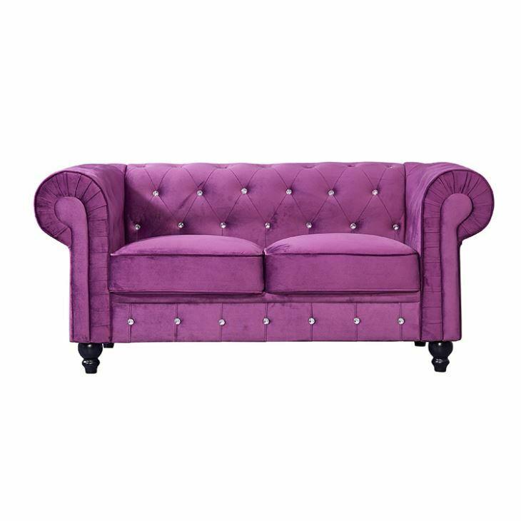 Classic Chesterfield Sofa Textile Upholstered 2-seater New Purple Loveseat With Cushions