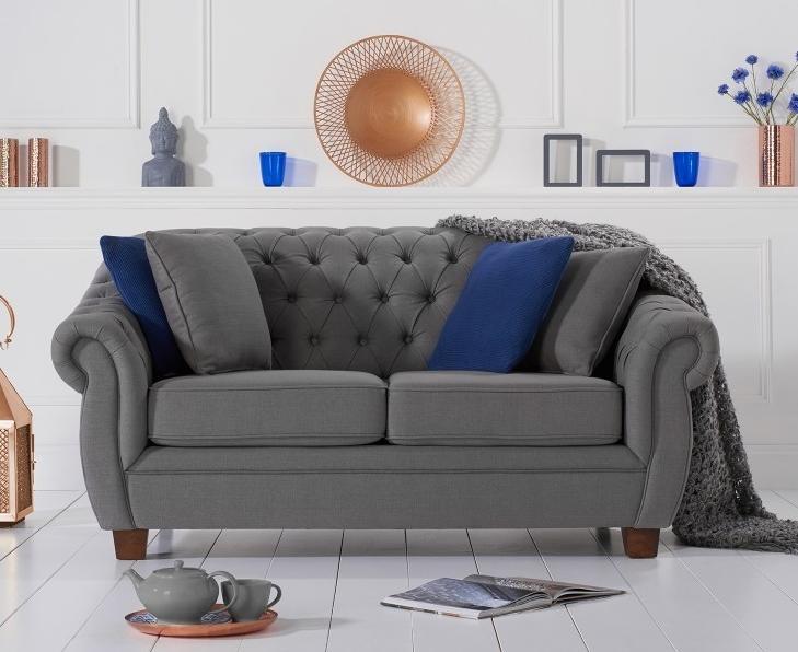 Classic Chesterfield Textile Sofa 2-Seater With Cushions Real Wood Frame Dark Grey Loveseat