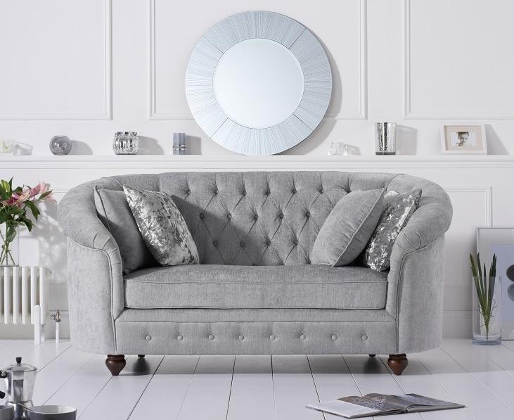 Rounded Backrest Chesterfield Sofa 2-Seater Upholstered Textile Silver Grey Loveseat with Cushions