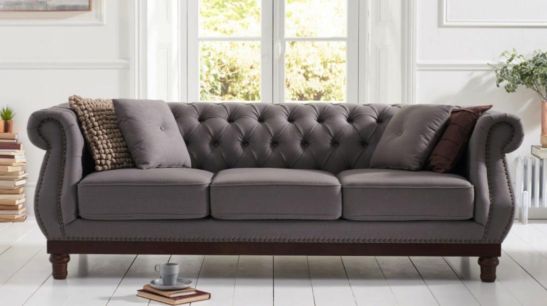 Chesterfield Sofa Classic 3-Seater New Comfortable Grey Couch with Cushions Textile Upholstered