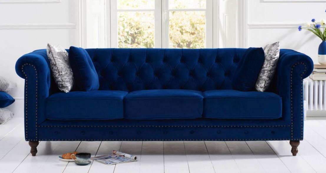 Classic Chesterfield Sofa 3-Seater Blue Upholstered Couch Very Comfortable Textile with Cushions