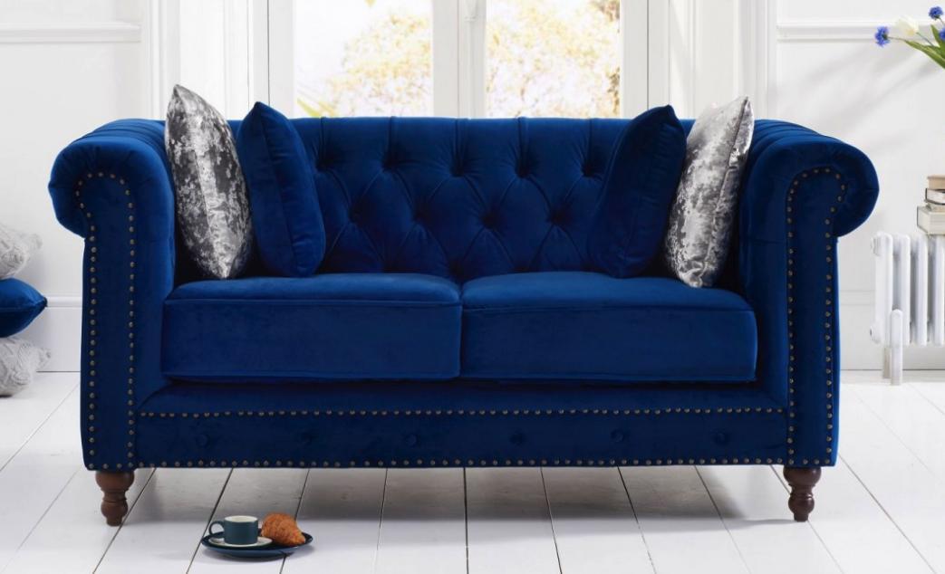 Chesterfield 2-Seater Classic Sofa Blue Upholstered Textile New Comfy Couch With Padded Seats