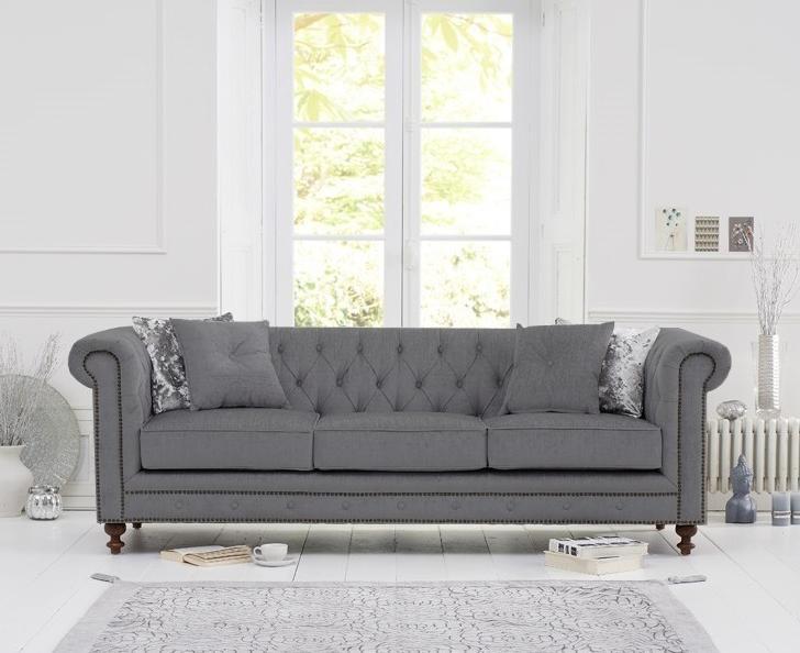 Chesterfield Sofa Grey 3-Seater Upholstered Faux Leather Living Room Couch With Cushion Pads