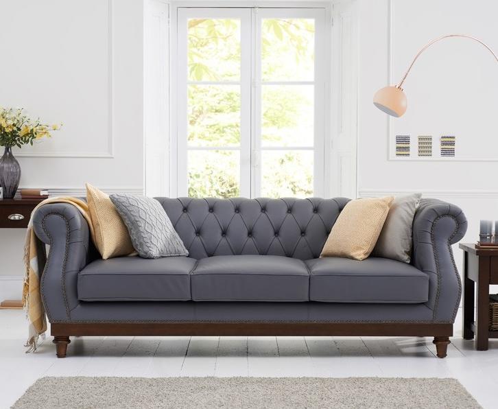 Chesterfield Modern Sofa 3-Seater New Faux Leather Upholstered Seats With Cushions Grey Colour