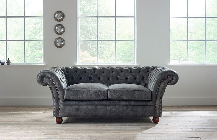 Chesterfield Classic 2-seater sofa Grey couch upholstery fabric faux leather seats with cushions