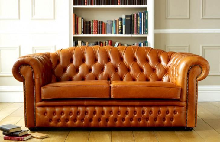 Chesterfield sofa 3-seater couch upholstery fabric faux leather brown orange with cushions